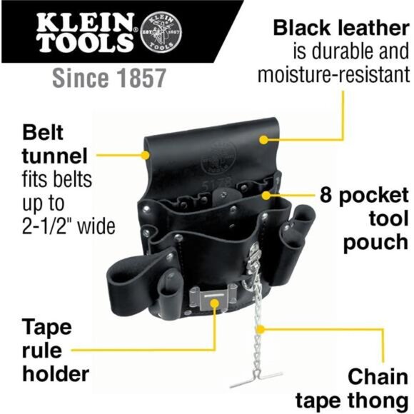 Klein Tools 5178 Pocket Tool Pouch, Leather, Tunnel Loop Belt Connection, Black - Picture 2 of 6